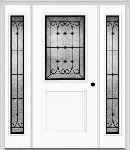 MMI 1/2 Lite 1 Panel 6'8" Fiberglass Smooth Chateau Wrought Iron Exterior Prehung Door With 2 Full Lite Chateau Wrought Iron Decorative Glass Sidelights 682
