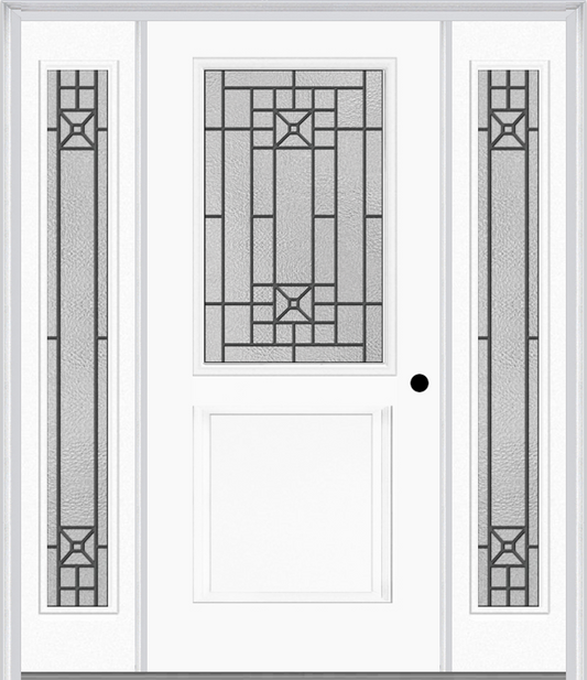 MMI 1/2 Lite 1 Panel 6'8" Fiberglass Smooth Courtyard Nickel Vein Wrought Iron Exterior Prehung Door With 2 Full Lite Courtyard Nickel Vein Wrought Iron Decorative Glass Sidelights 682