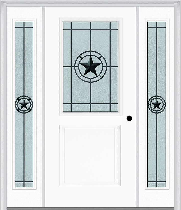 MMI 1/2 Lite 1 Panel 6'8" Fiberglass Smooth Elegant Star Wrought Iron Exterior Prehung Door With 2 Full Lite Elegant Star Wrought Iron Decorative Glass Sidelights 682