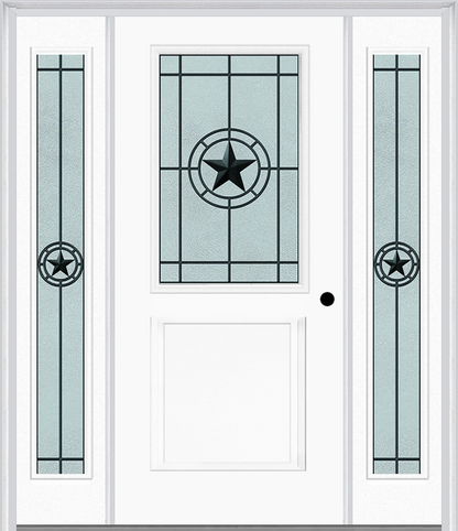 MMI 1/2 Lite 1 Panel 6'8" Fiberglass Smooth Elegant Star Wrought Iron Exterior Prehung Door With 2 Full Lite Elegant Star Wrought Iron Decorative Glass Sidelights 682