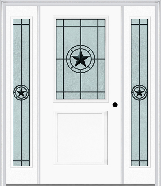 MMI 1/2 Lite 1 Panel 6'8" Fiberglass Smooth Elegant Star Wrought Iron Exterior Prehung Door With 2 Full Lite Elegant Star Wrought Iron Decorative Glass Sidelights 682