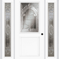 MMI 1/2 LITE 1 PANEL 6'8" FIBERGLASS SMOOTH EXPRESSIONS SATIN NICKEL EXTERIOR PREHUNG DOOR WITH 2 FULL LITE EXPRESSIONS SATIN NICKEL DECORATIVE GLASS SIDELIGHTS 682