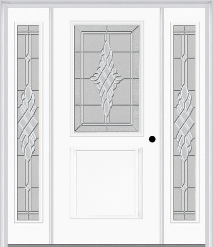 MMI 1/2 Lite 1 Panel 6'8" Fiberglass Smooth Grace Nickel Or Grace Patina Exterior Prehung Door With 2 Full Lite Grace Nickel/Patina Decorative Glass Sidelights 682