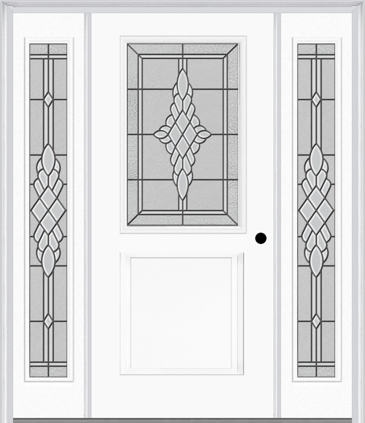MMI 1/2 Lite 1 Panel 6'8" Fiberglass Smooth Grace Nickel Or Grace Patina Exterior Prehung Door With 2 Full Lite Grace Nickel/Patina Decorative Glass Sidelights 682