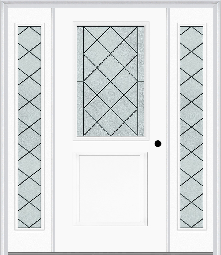 MMI 1/2 Lite 1 Panel 6'8" Fiberglass Smooth Harris Patina Exterior Prehung Door With 2 Full Lite Harris Patina Decorative Glass Sidelights 682