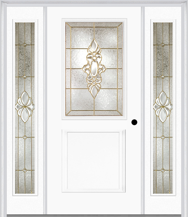 MMI 1/2 Lite 1 Panel 6'8" Fiberglass Smooth Heirlooms Brass Or Heirlooms Satin Nickel Exterior Prehung Door With 2 Full Lite Heirlooms Brass/Satin Nickel Decorative Glass Sidelights 682