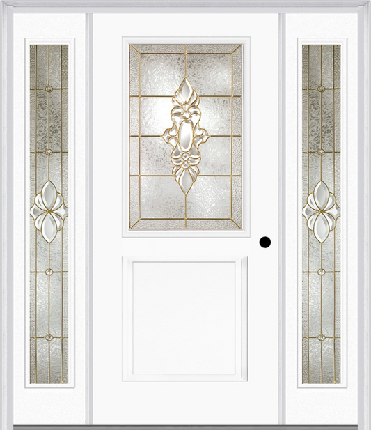 MMI 1/2 Lite 1 Panel 6'8" Fiberglass Smooth Heirlooms Brass Or Heirlooms Satin Nickel Exterior Prehung Door With 2 Full Lite Heirlooms Brass/Satin Nickel Decorative Glass Sidelights 682