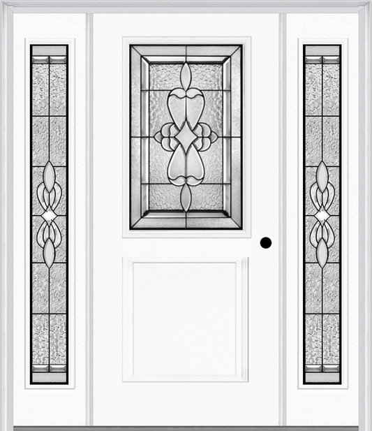 MMI 1/2 Lite 1 Panel 6'8" Fiberglass Smooth Jamestown Patina Exterior Prehung Door With 2 Full Lite Jamestown Patina Decorative Glass Sidelights 682