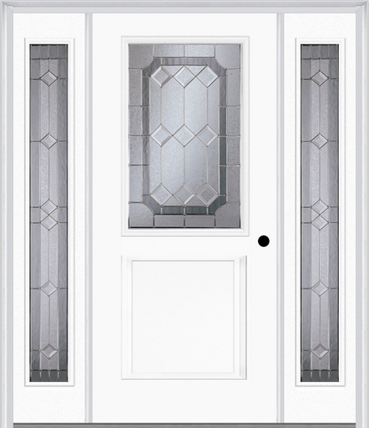 MMI 1/2 Lite 1 Panel 6'8" Fiberglass Smooth Majestic Nickel Exterior Prehung Door With 2 Full Lite Majestic Brass/Nickel Decorative Glass Sidelights 682