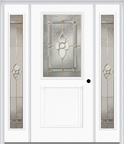 MMI 1/2 Lite 1 Panel 6'8" Fiberglass Smooth Nouveau Nickel Or Nouveau Patina Exterior Prehung Door With 2 Full Lite Nouveau Brass/Nickel/Patina Decorative Glass Sidelights 682