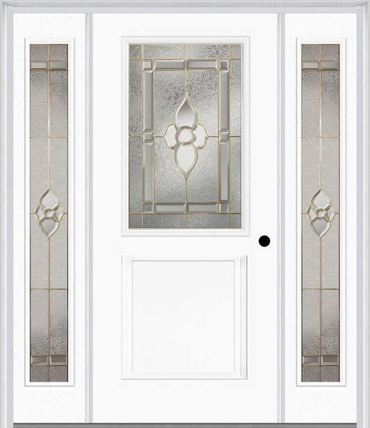 MMI 1/2 Lite 1 Panel 6'8" Fiberglass Smooth Nouveau Nickel Or Nouveau Patina Exterior Prehung Door With 2 Full Lite Nouveau Brass/Nickel/Patina Decorative Glass Sidelights 682