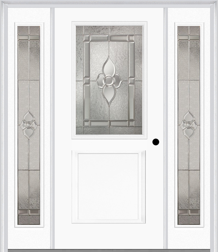 MMI 1/2 Lite 1 Panel 6'8" Fiberglass Smooth Nouveau Nickel Or Nouveau Patina Exterior Prehung Door With 2 Full Lite Nouveau Brass/Nickel/Patina Decorative Glass Sidelights 682