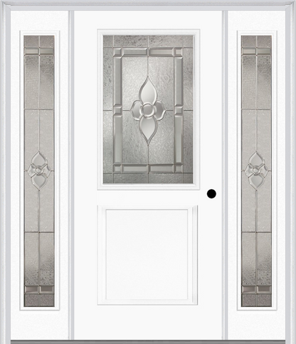 MMI 1/2 Lite 1 Panel 6'8" Fiberglass Smooth Nouveau Nickel Or Nouveau Patina Exterior Prehung Door With 2 Full Lite Nouveau Brass/Nickel/Patina Decorative Glass Sidelights 682