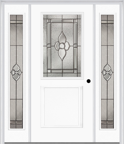 MMI 1/2 Lite 1 Panel 6'8" Fiberglass Smooth Nouveau Nickel Or Nouveau Patina Exterior Prehung Door With 2 Full Lite Nouveau Brass/Nickel/Patina Decorative Glass Sidelights 682