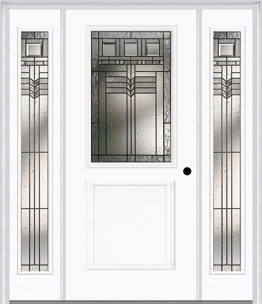 MMI 1/2 Lite 1 Panel 6'8" Fiberglass Smooth Oak Park Patina Exterior Prehung Door With 2 Full Lite Oak Park Patina Decorative Glass Sidelights 682