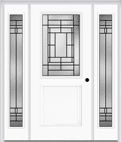 MMI 1/2 Lite 1 Panel 6'8" Fiberglass Smooth Pembrook Patina Exterior Prehung Door With 2 Full Lite Pembrook Patina Decorative Glass Sidelights 682