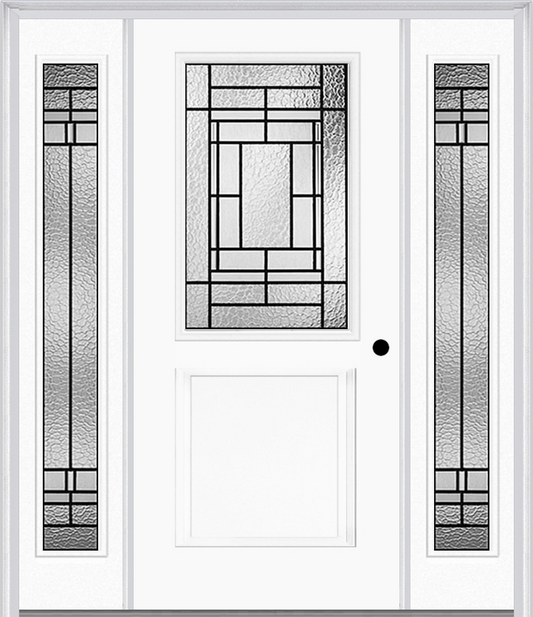 MMI 1/2 Lite 1 Panel 6'8" Fiberglass Smooth Pembrook Patina Exterior Prehung Door With 2 Full Lite Pembrook Patina Decorative Glass Sidelights 682