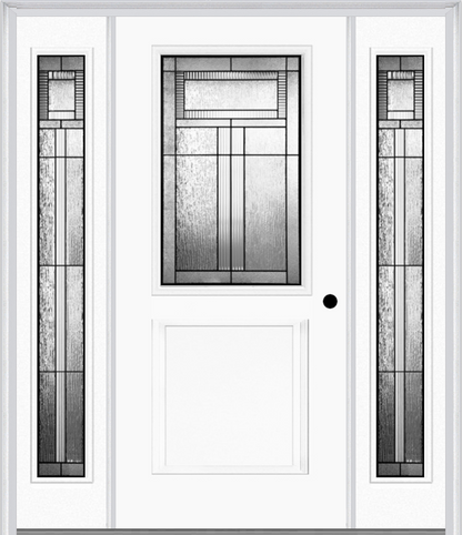 MMI 1/2 LITE 1 PANEL 6'8" FIBERGLASS SMOOTH ROYAL PATINA EXTERIOR PREHUNG DOOR WITH 2 FULL LITE ROYAL PATINA DECORATIVE GLASS SIDELIGHTS 682