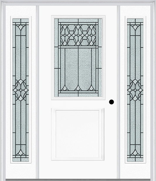 MMI 1/2 Lite 1 Panel 6'8" Fiberglass Smooth Selwyn Patina Exterior Prehung Door With 2 Full Lite Selwyn Patina Decorative Glass Sidelights 682