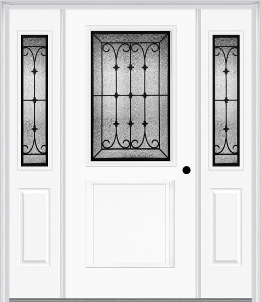 MMI 1/2 Lite 1 Panel 6'8" Fiberglass Smooth Chateau Wrought Iron Exterior Prehung Door With 2 Half Lite Chateau Wrought Iron Decorative Glass Sidelights 682