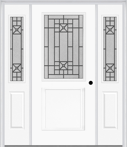 MMI 1/2 Lite 1 Panel 6'8" Fiberglass Smooth Courtyard Nickel Vein Wrought Iron Exterior Prehung Door With 2 Half Lite Courtyard Nickel Vein Wrought Iron Decorative Glass Sidelights 682