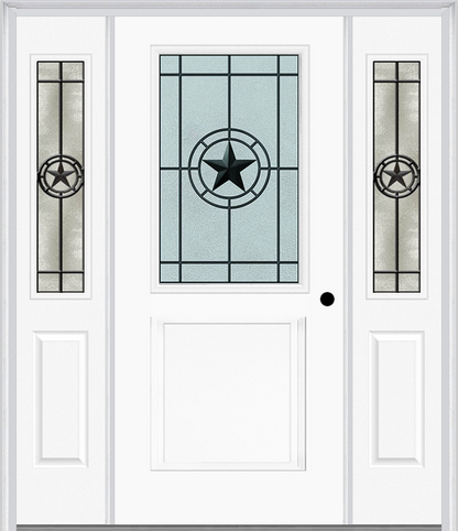 MMI 1/2 Lite 1 Panel 6'8" Fiberglass Smooth Elegant Star Wrought Iron Exterior Prehung Door With 2 Half Lite Elegant Star Wrought Iron Decorative Glass Sidelights 682