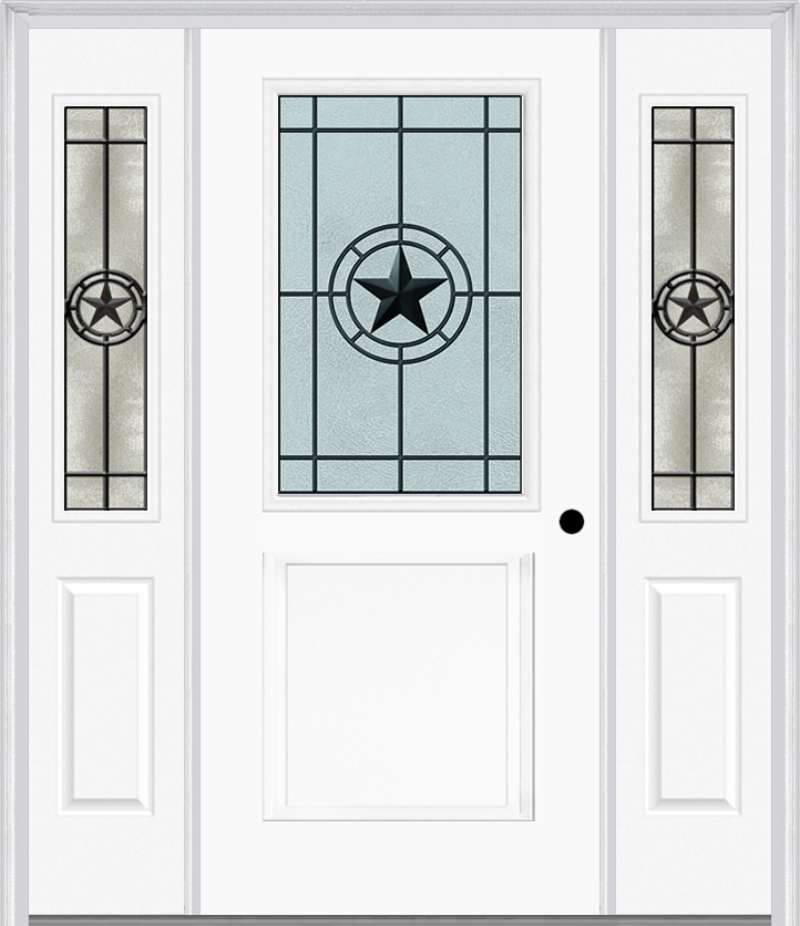 MMI 1/2 Lite 1 Panel 6'8" Fiberglass Smooth Elegant Star Wrought Iron Exterior Prehung Door With 2 Half Lite Elegant Star Wrought Iron Decorative Glass Sidelights 682