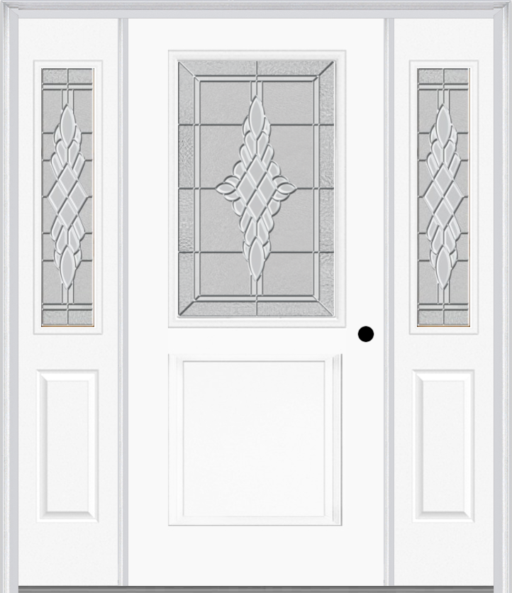 MMI 1/2 Lite 1 Panel 6'8" Fiberglass Smooth Grace Nickel Or Grace Patina Exterior Prehung Door With 2 Half Lite Grace Nickel/Patina Decorative Glass Sidelights 682