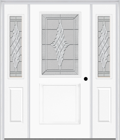 MMI 1/2 Lite 1 Panel 6'8" Fiberglass Smooth Grace Nickel Or Grace Patina Exterior Prehung Door With 2 Half Lite Grace Nickel/Patina Decorative Glass Sidelights 682