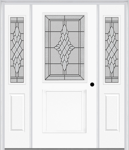 MMI 1/2 Lite 1 Panel 6'8" Fiberglass Smooth Grace Nickel Or Grace Patina Exterior Prehung Door With 2 Half Lite Grace Nickel/Patina Decorative Glass Sidelights 682