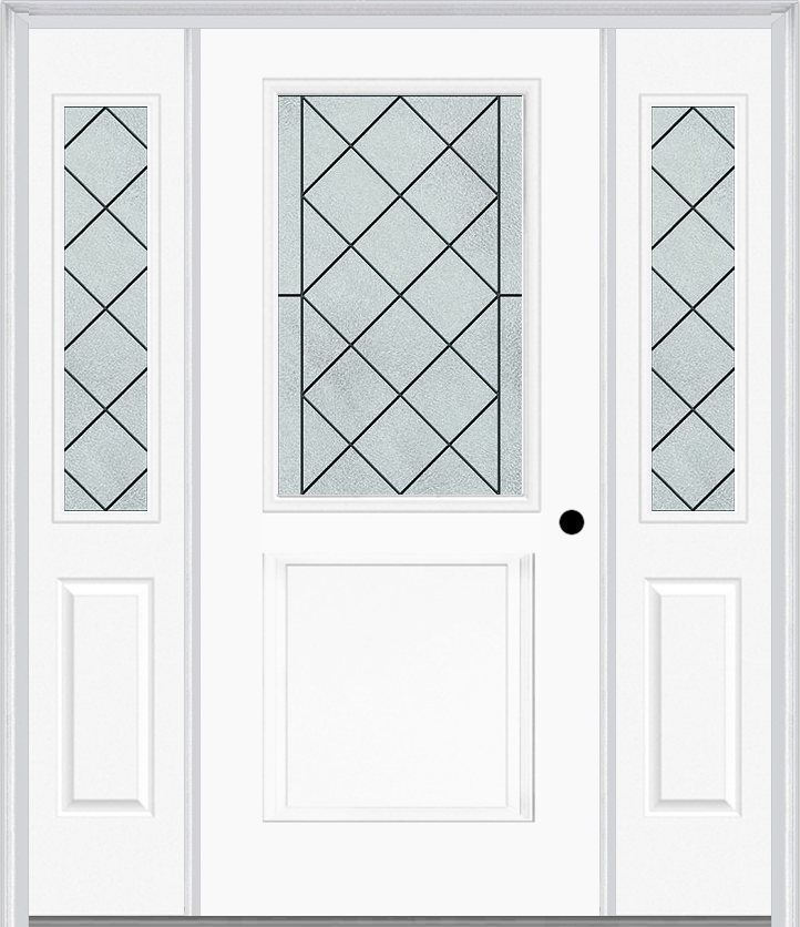 MMI 1/2 Lite 1 Panel 6'8" Fiberglass Smooth Harris Patina Exterior Prehung Door With 2 Half Lite Harris Patina Decorative Glass Sidelights 682