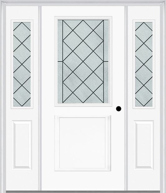 MMI 1/2 Lite 1 Panel 6'8" Fiberglass Smooth Harris Patina Exterior Prehung Door With 2 Half Lite Harris Patina Decorative Glass Sidelights 682