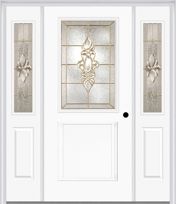 MMI 1/2 Lite 1 Panel 6'8" Fiberglass Smooth Heirlooms Brass Or Heirlooms Satin Nickel Exterior Prehung Door With 2 Half Lite Heirlooms Brass/Satin Nickel Decorative Glass Sidelights 682
