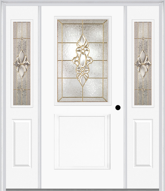 MMI 1/2 Lite 1 Panel 6'8" Fiberglass Smooth Heirlooms Brass Or Heirlooms Satin Nickel Exterior Prehung Door With 2 Half Lite Heirlooms Brass/Satin Nickel Decorative Glass Sidelights 682