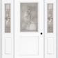 MMI 1/2 Lite 1 Panel 6'8" Fiberglass Smooth Heirlooms Brass Or Heirlooms Satin Nickel Exterior Prehung Door With 2 Half Lite Heirlooms Brass/Satin Nickel Decorative Glass Sidelights 682