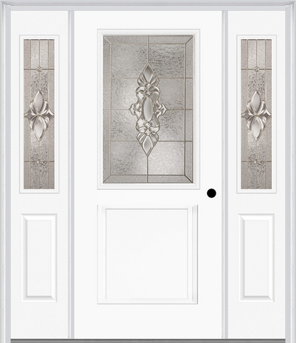 MMI 1/2 Lite 1 Panel 6'8" Fiberglass Smooth Heirlooms Brass Or Heirlooms Satin Nickel Exterior Prehung Door With 2 Half Lite Heirlooms Brass/Satin Nickel Decorative Glass Sidelights 682