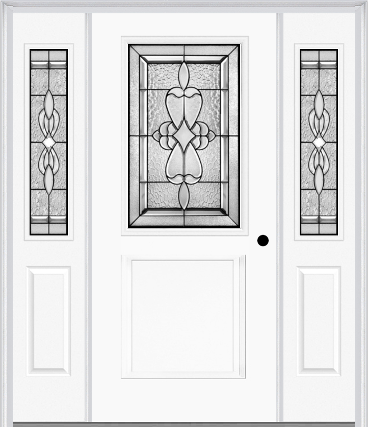 MMI 1/2 Lite 1 Panel 6'8" Fiberglass Smooth Jamestown Patina Exterior Prehung Door With 2 Half Lite Jamestown Patina Decorative Glass Sidelights 682