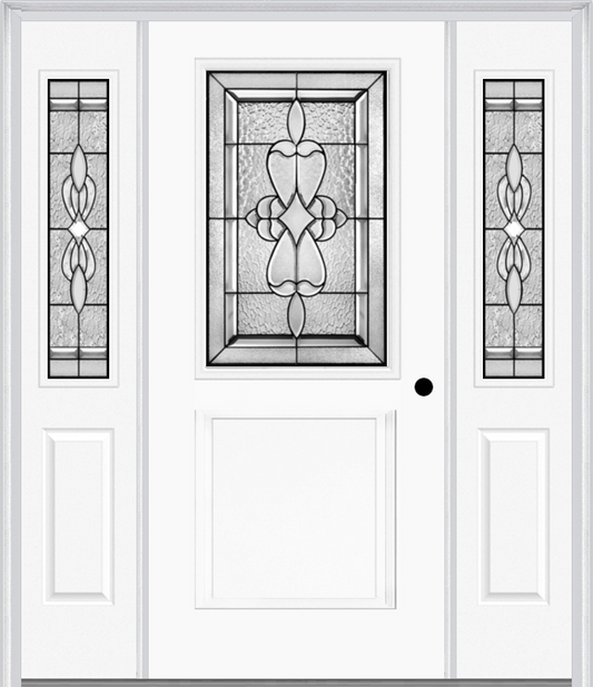 MMI 1/2 Lite 1 Panel 6'8" Fiberglass Smooth Jamestown Patina Exterior Prehung Door With 2 Half Lite Jamestown Patina Decorative Glass Sidelights 682