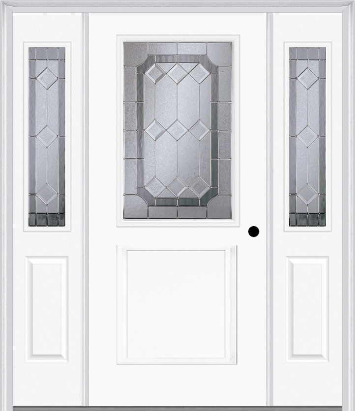 MMI 1/2 Lite 1 Panel 6'8" Fiberglass Smooth Majestic Nickel Exterior Prehung Door With 2 Half Lite Majestic Brass/Nickel Decorative Glass Sidelights 682
