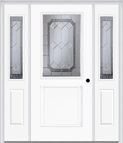 MMI 1/2 Lite 1 Panel 6'8" Fiberglass Smooth Majestic Nickel Exterior Prehung Door With 2 Half Lite Majestic Brass/Nickel Decorative Glass Sidelights 682