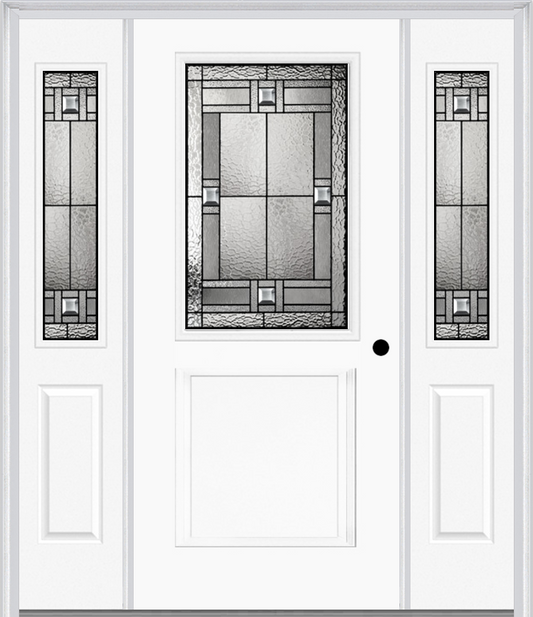 MMI 1/2 Lite 1 Panel 6'8" Fiberglass Smooth Noble Patina Exterior Prehung Door With 2 Half Lite Noble Patina Decorative Glass Sidelights 682