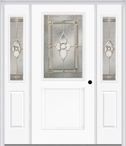 MMI 1/2 Lite 1 Panel 6'8" Fiberglass Smooth Nouveau Brass, Nouveau Nickel, Or Nouveau Patina Exterior Prehung Door With 2 Half Lite Nouveau Brass/Nickel/Patina Decorative Glass Sidelights 682