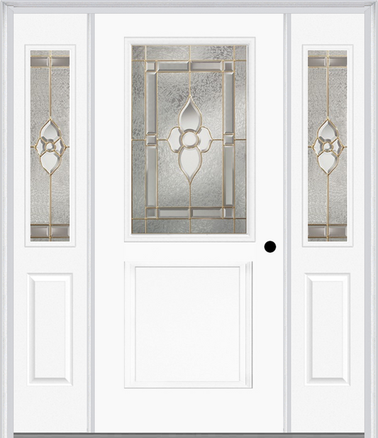 MMI 1/2 Lite 1 Panel 6'8" Fiberglass Smooth Nouveau Nickel Or Nouveau Patina Exterior Prehung Door With 2 Half Lite Nouveau Brass/Nickel/Patina Decorative Glass Sidelights 682