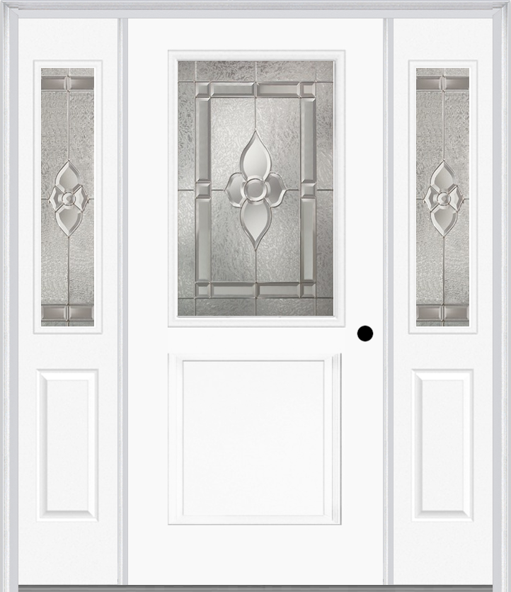 MMI 1/2 Lite 1 Panel 6'8" Fiberglass Smooth Nouveau Nickel Or Nouveau Patina Exterior Prehung Door With 2 Half Lite Nouveau Brass/Nickel/Patina Decorative Glass Sidelights 682