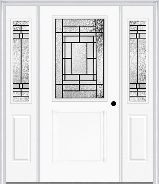 MMI 1/2 Lite 1 Panel 6'8" Fiberglass Smooth Pembrook Patina Exterior Prehung Door With 2 Half Lite Pembrook Patina Decorative Glass Sidelights 682