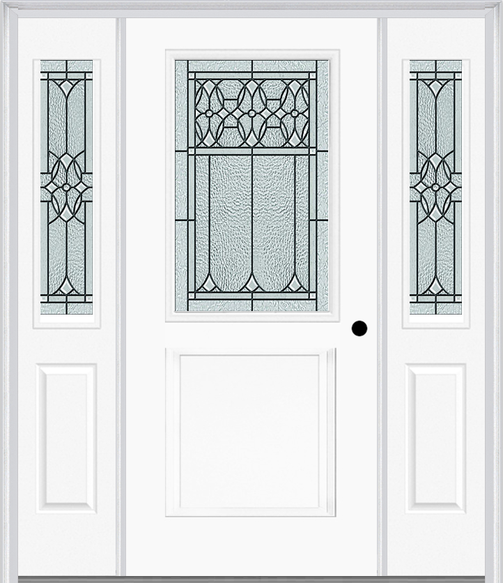 MMI 1/2 Lite 1 Panel 6'8" Fiberglass Smooth Selwyn Patina Exterior Prehung Door With 2 Half Lite Selwyn Patina Decorative Glass Sidelights 682