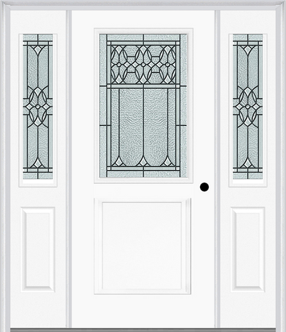 MMI 1/2 Lite 1 Panel 6'8" Fiberglass Smooth Selwyn Patina Exterior Prehung Door With 2 Half Lite Selwyn Patina Decorative Glass Sidelights 682