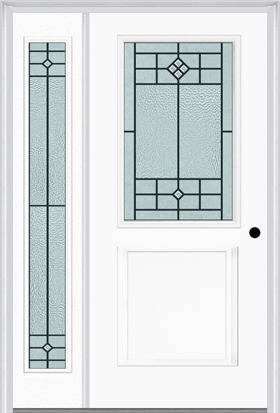 MMI 1/2 Lite 1 Panel 6'8" Fiberglass Smooth Beaufort Patina Exterior Prehung Door With 1 Full Lite Beaufort Patina Decorative Glass Sidelight 682