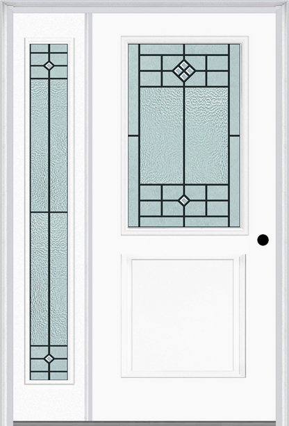 MMI 1/2 Lite 1 Panel 6'8" Fiberglass Smooth Beaufort Patina Exterior Prehung Door With 1 Full Lite Beaufort Patina Decorative Glass Sidelight 682