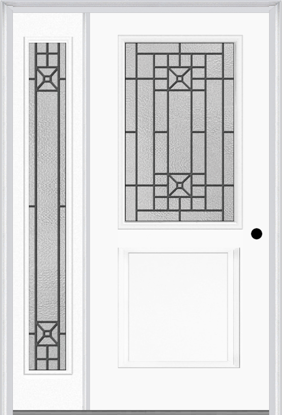 MMI 1/2 Lite 1 Panel 6'8" Fiberglass Smooth Courtyard Nickel Vein Wrought Iron Exterior Prehung Door With 1 Full Lite Courtyard Nickel Vein Wrought Iron Decorative Glass Sidelight 682
